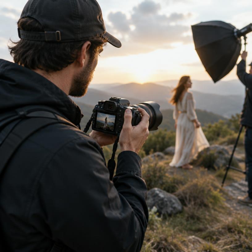 Caio Ferraz fotografando um ensaio ao ar livre